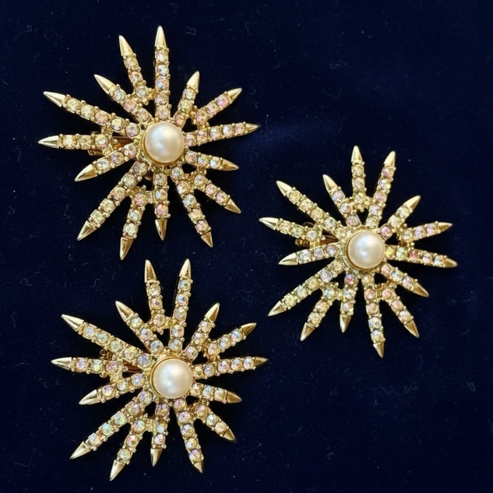 Hollywood Glam! Vintage Emmons Signed Starburst Brooch & Clip Earrings Set 1950s
